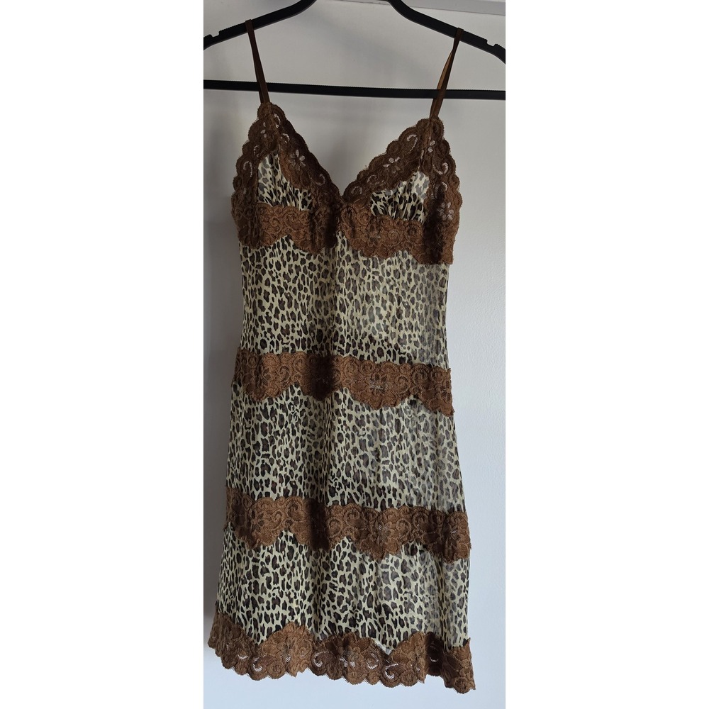 VTG Y2K Rampage Leopard Print Lace Mini Dress S Brown V-Neck Babydoll Semi-sheer